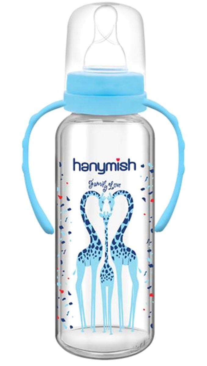 Hanymish 402 Cam Yavaş Akışlı Kulplu 0-6 Ay Desenli Mavi Biberon 240 ml
