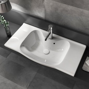Ece Banyo Klasik Tekli 91 cm Mermer Tezgah Üstü Dikdörtgen Lavabo Beyaz