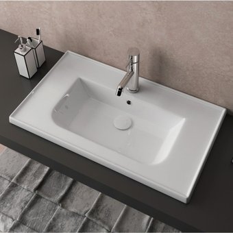 Ece Banyo Linea Klasik Tekli 101 cm Seramik Tezgah Üstü Dikdörtgen Lavabo Beyaz