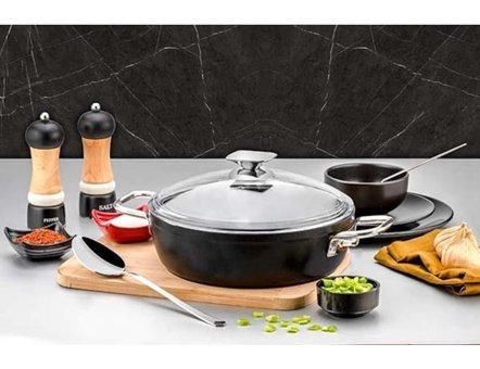 Evimsaray Arte Dıamond Cam Kapaklı Granit 32 cm Basık Tencere