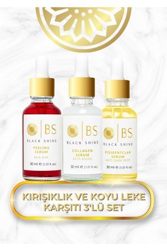 Black Shine Set Kolajenli Retinollü Yüz Dolgunlaştıran Canlandırıcı Yaşlanma Karşıtı Kırışıklık Karşıtı Jel Yüz Serumu 3x30 ml