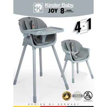 Kinder Baby Joy 4İn1 5 Noktalı Emniyet Kemeri 15 kg Kapasyteli Tekerleksiz Tepsili Oturaklı Mama Sandalyesi Gri