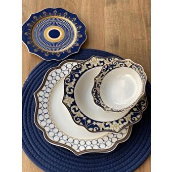 Rossev Blue Ring 24 Parça 6 Kişilik Desenli Porselen Yuvarlak Yemek Takımı