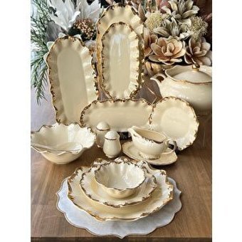 Rossev Royal 60 Parça 12 Kişilik Desenli Porselen Oval Yemek Takımı