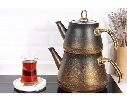 Melyet Aile Boyu Büyük Granit Çaydanlık Altın-Siyah