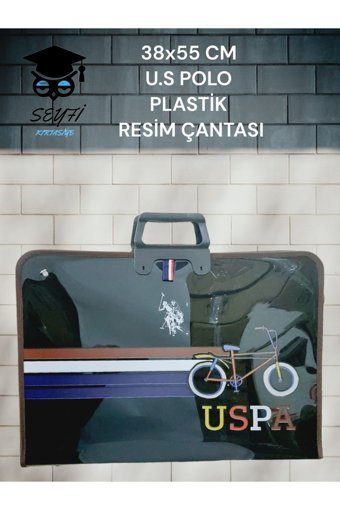 U.S. Polo Assn. Desenli Fermuarlı Siyah Kumaş Resim Çantası 38x55 cm