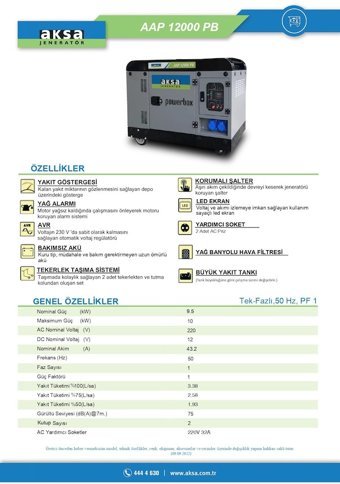 Aksa AAP 12000PB 12 kVa Marşlı Dizel Jeneratör