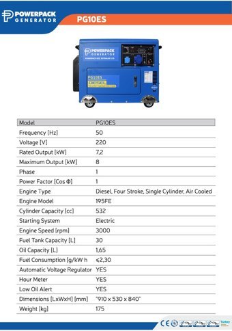 Powerpack PG10000 10 kVa Marşlı Dizel Jeneratör
