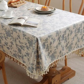 SQMSK Retro Çiçekli Pamuk 60x330 cm Dikdörtgen Masa Örtüsü Beyaz-Mavi