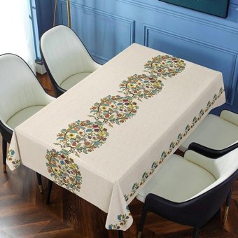 SQMSK Çiçekli Silinebilir PVC 140x220 cm Dikdörtgen Masa Örtüsü Bej-Yeşil