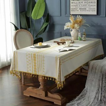 XJSDI Geometrik Desenli Polyester 140x300 cm Dikdörtgen Masa Örtüsü Altın Sarısı-Beyaz