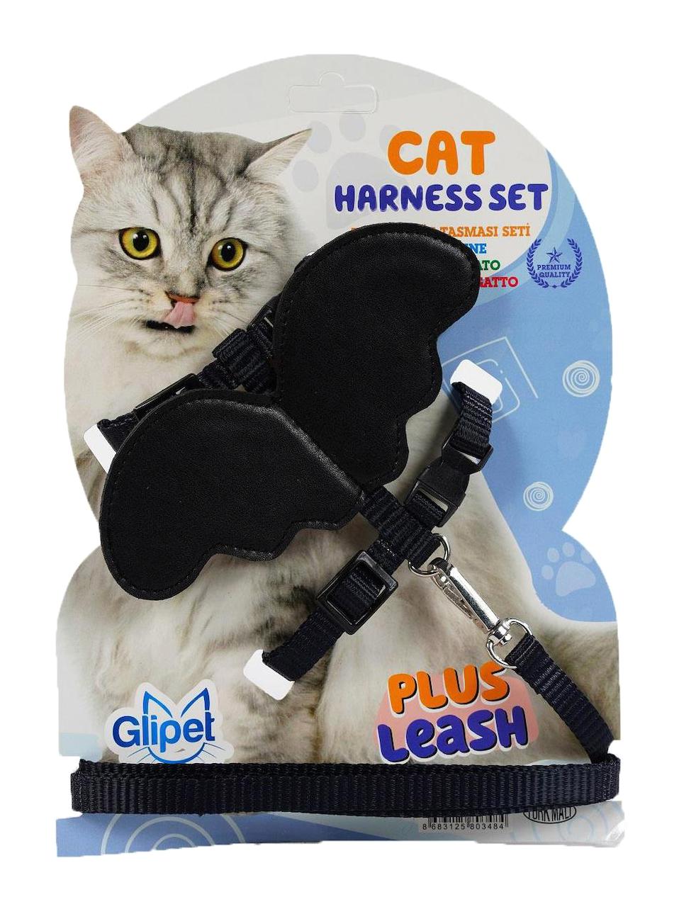 Glipet Melek Kanatlı Siyah Gezdirme Göğüs Kedi Tasması