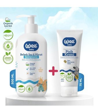 Wee Baby Organik Konak Önleyici Göz Yakmayan Hipoalerjenik Yenidoğan Normal Ciltler İçin Papatya Özlü Bebek Şampuanı 500 ml + Organik Pişik Kremi 75 ml