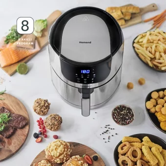 Homend 2502H Airfryer 5 lt Tek Hazneli Led Ekranlı Yağsız Sıcak Hava Fritözü İnox