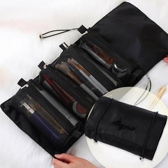 Weichuang 4'ü 1 Arada Bölmeli Siyah Düz Polyester Büyük Boy Çok Gözlü Seyahat Makyaj Çantası