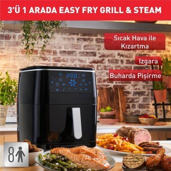 Tefal Easy Fry Grill Steam Airfryer 6.5 lt Tek Hazneli Izgara Yapan Yağsız Sıcak Hava Fritözü Siyah