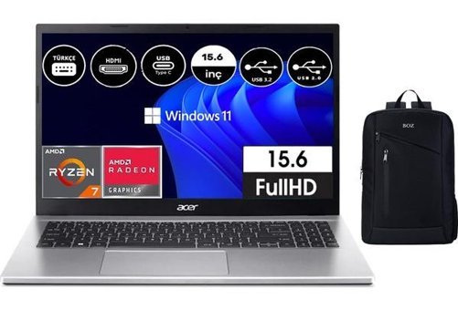 Acer Aspire 3 A315-44P Dahili AMD Radeon RX Vega 8 AMD Ryzen 7 5700U 16 GB Ram 512 GB SSD 15.6 inç Full HD Windows 11 Pro Laptop + Boz Çanta