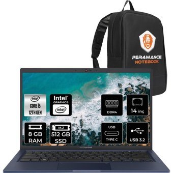 Asus Expertbook B1502CBA-BQ0555 BQ0555P247 Dahili Intel Iris Xe Graphics Eligible Intel Core i5 1235U 8 GB Ram 512 GB SSD 14 inç Full HD FreeDos Laptop + PER4 Çanta