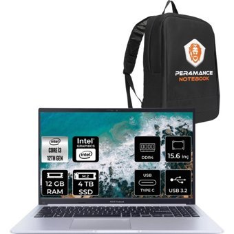 Asus Vivobook 15 X1502ZA-EJ1479 Dahili Intel UHD Graphics Intel Core i3 1215U 12 GB Ram 4 TB SSD 15.6 inç Full HD FreeDos Laptop + PER4 Çanta