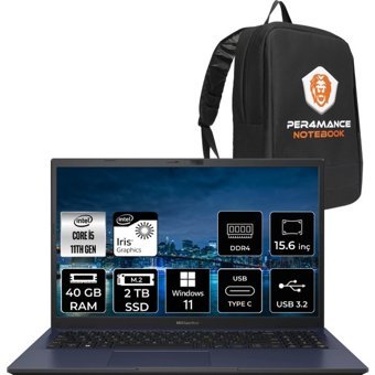 Asus Expertbook B1500CEAE-BQ4167 BQ4167P112 Dahili Intel Iris Xe Graphics Intel Core i5 1135G7 40 GB Ram 2 TB SSD 15.6 inç Full HD Windows 11 Pro Laptop + PER4 Çanta