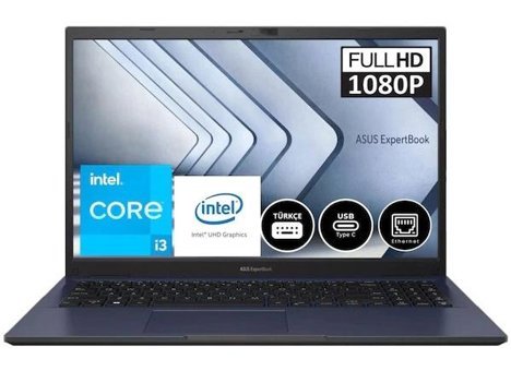 Asus Expertbook B1 B1502CBA EJ0253703 Dahili Intel UHD Graphics Intel Core i3 1215U 16 GB Ram 256 GB SSD 15.6 inç Full HD FreeDos Laptop