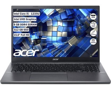 Acer Extensa 15 NX.EGYEY.005 Dahili Intel Iris Xe Graphics Eligible Intel Core i5 1235U 8 GB Ram 512 GB SSD 15.6 inç Full HD FreeDos Laptop