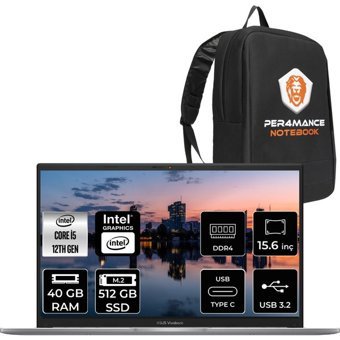 Asus Vivobook 15 X1504ZA-BQ451 BQ451P40 Dahili Intel Iris Xe Graphics Eligible Intel Core i5 1235U 40 GB Ram 512 GB SSD 15.6 inç Full HD FreeDos Laptop + PER4 Çanta