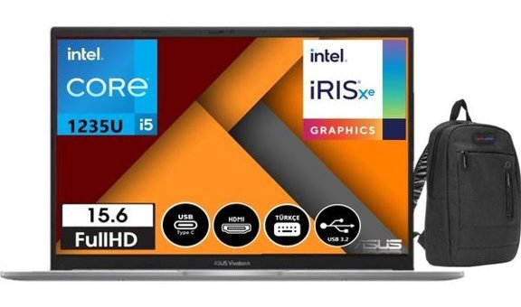 Asus Vivobook X1504ZA-BQ45037 Dahili Intel Iris Xe Graphics Eligible Intel Core i5 1235U 16 GB Ram 256 GB SSD 15.6 inç Full HD Windows 11 Pro Laptop + WeblegelsinÇanta
