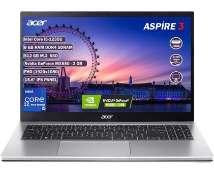 Acer Aspire 3 BİNX.K6WEY.008 Harici GeForce MX550 Intel Core i5 1235U 8 GB Ram 512 GB SSD 15.6 inç Full HD FreeDos Laptop