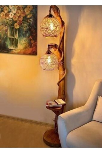 Abagroup İkili Ahşap Tek Ayaklı Ağaç Lambader Kahverengi
