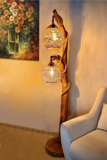 Ağaçkakan Design Yalıkavak Serisi İkili Ahşap Tek Ayaklı Küre Lambader Kahverengi