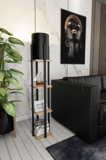 Cango Home Black Pine Ahşap 4 Ayaklı Silindir Lambader Siyah