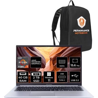 Asus Vivobook 15 M1502YA-NJ119WP91 Dahili AMD Radeon Graphics AMD Ryzen 7 7730U 40 GB Ram 2 TB SSD 15.6 inç Full HD Windows 11 Home Laptop + PER4 Çanta