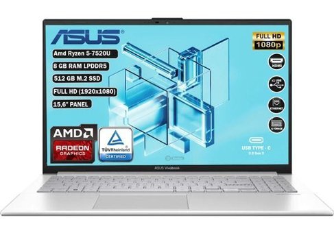 Asus Vivobook GO Dahili AMD Radeon 610M AMD Ryzen 5 7520U 8 GB Ram 512 GB SSD 15.6 inç Full HD FreeDos Laptop