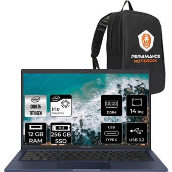 Asus Expertbook B1400CEAE-EB2838 EB2838P101 Dahili Intel Iris Xe Graphics Intel Core i5 1135G7 12 GB Ram 256 GB SSD 14 inç Full HD FreeDos Laptop + PER4 Çanta