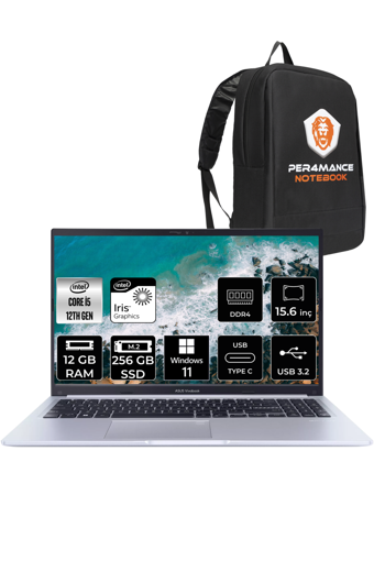 Asus Vivobook 15 X1502ZA-EJ1068 Dahili Intel Iris Xe Graphics Eligible Intel Core i5 1235U 12 GB Ram 256 GB SSD 15.6 inç Full HD Windows 11 Pro Laptop + PER4 Çanta