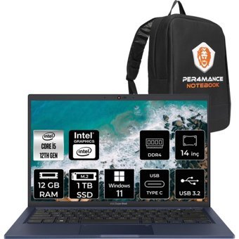 Asus Expertbook B1402CBA-EB0373 EB0373P96 Dahili Intel Iris Xe Graphics Eligible Intel Core i5 1235U 12 GB Ram 1 TB SSD 14 inç Full HD Windows 11 Pro Laptop + PER4 Çanta