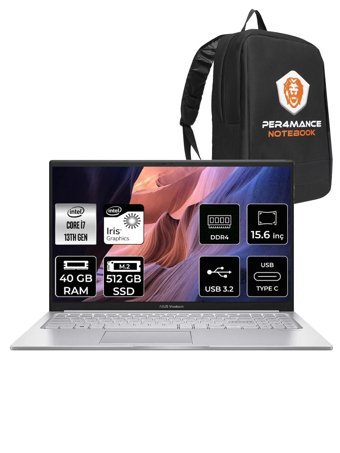 Asus Vivobook 15 X1504VA NJ412 Dahili Intel Iris Xe Graphics Eligible Intel Core i7 1355U 40 GB Ram 512 GB SSD 15.6 inç Full HD FreeDos Laptop + PER4 Çanta
