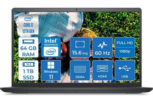 Dell Inspiron 3520 I35201013U024 Dahili Intel Iris Xe Graphics Eligible Intel Core i7 1255U 64 GB Ram 1 TB SSD 15.6 inç Full HD Windows 11 Pro Laptop