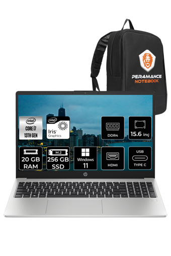 HP 250 G10 8A541EA Dahili Intel Iris Xe Graphics Eligible Intel Core i7 1355U 20 GB Ram 256 GB SSD 15.6 inç Full HD Windows 11 Pro Laptop + PER4 Çanta