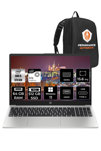 HP 250 G10 8A538EA Dahili Intel Iris Xe Graphics Eligible Intel Core i5 1335U 64 GB Ram 512 GB SSD 15.6 inç Full HD Windows 11 Pro Laptop + PER4 Çanta