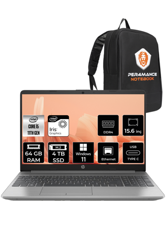 HP 250 G8 853U8ES Dahili Intel Iris Xe Graphics Intel Core i5 1135G7 64 GB Ram 4 TB SSD 15.6 inç Full HD Windows 11 Home Laptop + PER4 Çanta