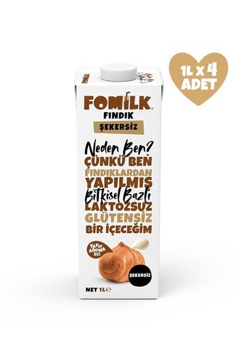Fomilk Şekersiz Fındık Sütü Laktozsuz 4'lü 1 lt