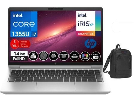 HP Elitebook 640 G10 ELİT8A571EA05 Dahili Intel Iris Xe Graphics Eligible Intel Core i7 1355U 16 GB Ram 256 GB SSD 14 inç Full HD FreeDos Laptop + WeblegelsinÇanta