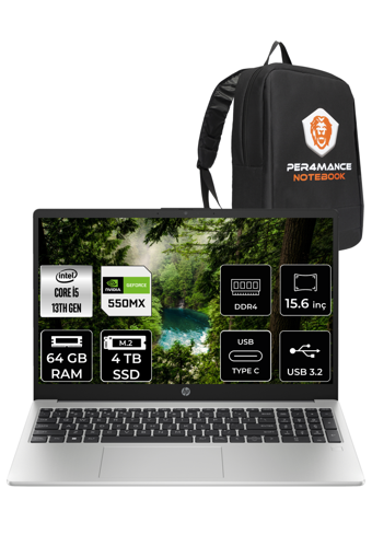 HP 250 G10 8A539EA Harici GeForce MX550 Intel Core i5 1335U 64 GB Ram 4 TB SSD 15.6 inç Full HD FreeDos Laptop + PER4 Çanta