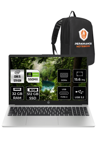 HP 250 G10 8A539EA Harici GeForce MX550 Intel Core i5 1335U 32 GB Ram 512 GB SSD 15.6 inç Full HD FreeDos Laptop + PER4 Çanta