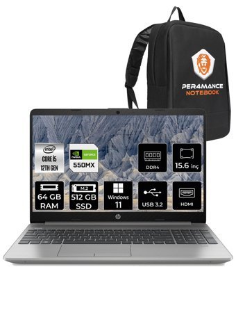 HP 250 G9 6Q8M7ES Harici GeForce MX550 Intel Core i5 1235U 64 GB Ram 512 GB SSD 15.6 inç Full HD Windows 11 Pro Laptop + PER4 Çanta