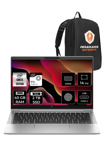 HP Elitebook 640 G10 8A572EA Dahili Intel Iris Xe Graphics Eligible Intel Core i5 1335U 40 GB Ram 2 TB SSD 14 inç Full HD FreeDos Laptop + PER4 Çanta