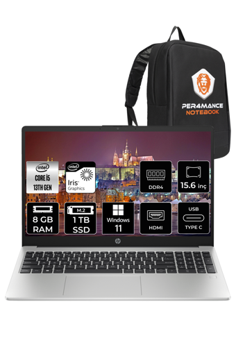 HP 250 G10 8A538EA Dahili Intel Iris Xe Graphics Eligible Intel Core i5 1335U 8 GB Ram 1 TB SSD 15.6 inç Full HD Windows 11 Home Laptop + PER4 Çanta