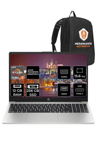 HP 255 G10 8A547EA Dahili AMD Radeon RX Vega 7 AMD Ryzen 5 7530U 12 GB Ram 256 GB SSD 15.6 inç Full HD FreeDos Laptop + PER4 Çanta